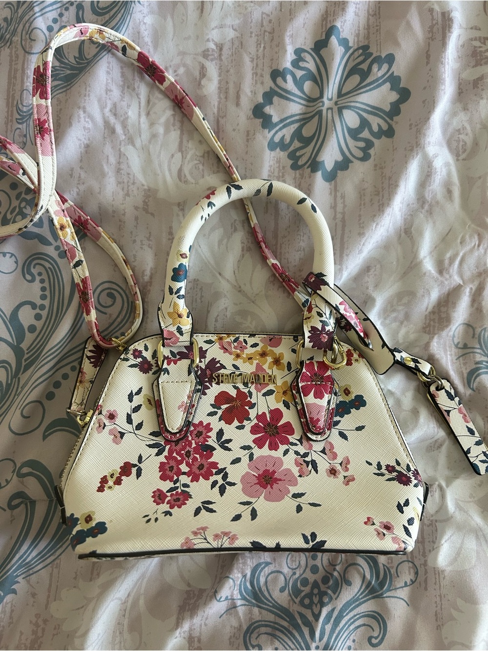 Steve Madden Cream Floral Top-Handle Satchel with Pink & Red Flowers